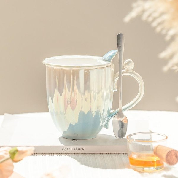 Kremowy Kubek Klejowy Muszla PerłOwa Ceramiczny Kubek Z Pokrywką Dla Dziewczyn Kubek Na Wodę Para Domowy Kubek Do Kawy Ceramiczny Kubek 420ML-image