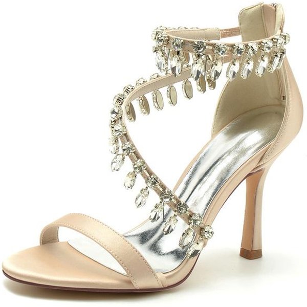 Tela De SatéN Cadena De Perlas Y PedreríA Sandalias De Mujer Boda Novia Cristal 8.5Cm Zapatos De TacóN Alto Talla 41 42 43 Cremallera Zapatos De Mujer 38 Beige-image