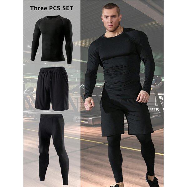 3 Sztuk/Zestaw MęSka SiłOwnia StróJ Kompresyjny DłUgie RęKawy Ubrania Bieganie Legginsy Do ćWiczeń ćWiczenia Dres Odzież Sportowa L Gray-image
