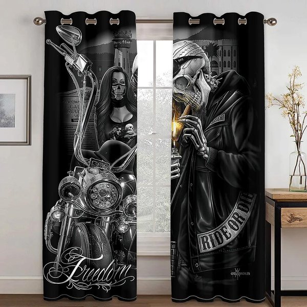 ZasłOny Dekoracyjne Z Motywem Czanej Czaszki MęSkiej Horror 3D Do Salonu, Sypialni, Balkonu - 2 Panele 50W130H(Cm)X2Pcs&Hook-image