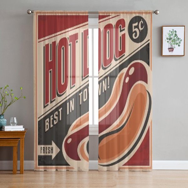 PóSter Retro De Perrito Caliente Cortinas Transparentes De Tul Para Ventana Para La Sala De Estar El Dormitorio Cortinas Decorativas Modernas De Gasa Voile Organza 135W X 114H(Cm) Brown-image
