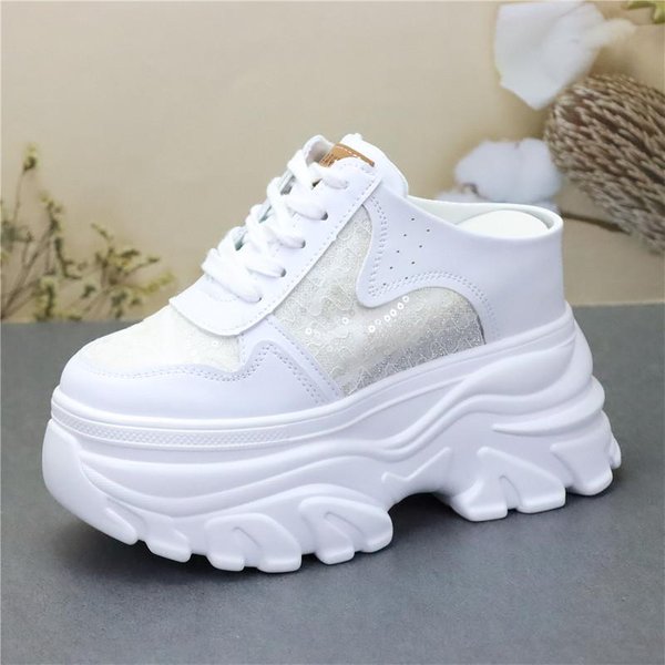 Moda 10CM 12CM Platforma Koturn Damskie Buty MułY SkóRa Naturalna Ukryty Obcas Damskie Letnie Buty Klapki SandałY Kapcie Wiosna Jesień 38 BiałY-image