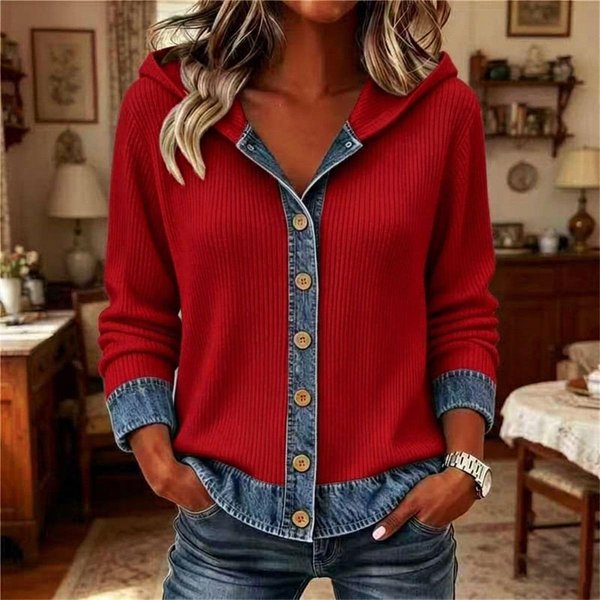 Top De Punto Con Capucha Para Mujer, CáRdigan Vaquero Con Botones, Manga Larga, Patchwork, Casual, Holgado, Chaqueta Con Capucha XXL Red-image