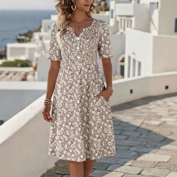 Vestido Midi Floral Para Mujer Con Cuello En V Y Manga Corta S Caqui-image