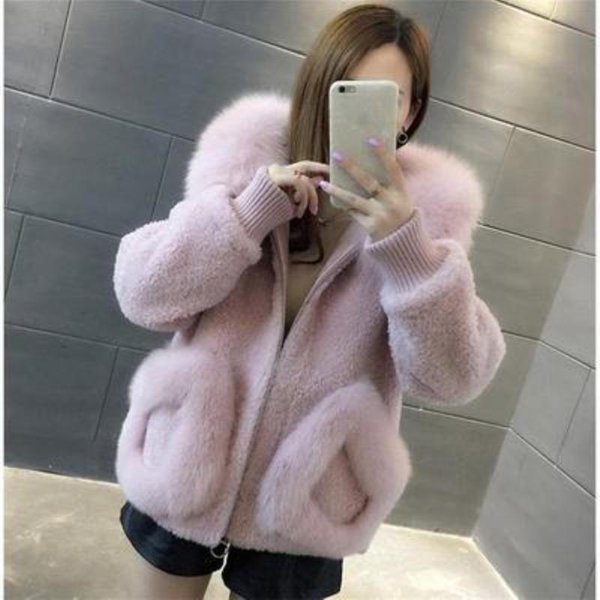 Nowy Styl Imitacja KołNierza Z Lisiego Futra Imitacja Futra Shearling PłAszcz Dla Kobiet Jesień I Zima Styl KoreańSki KróTki PłAszcz Z Kapturem M-image