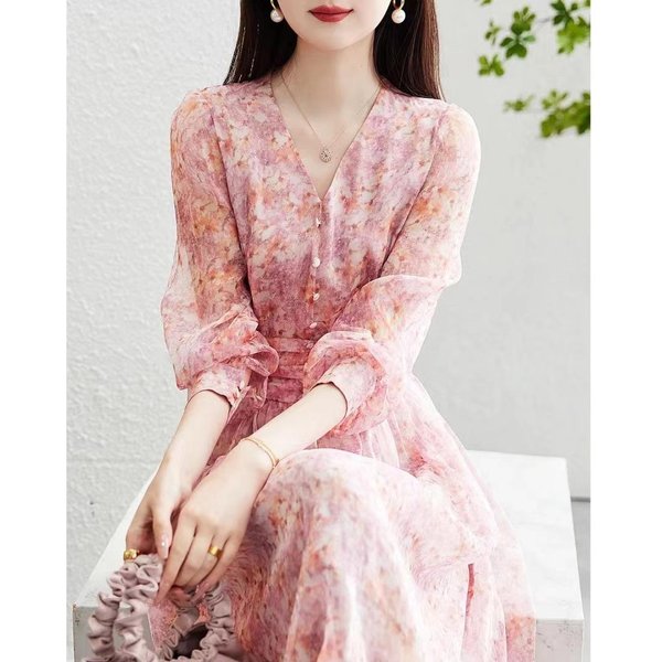 Vestido Floral Dulce Con Hebilla De Hongo, Primavera, Nuevo, Cuello En V, Estampado, Manga Abullonada, Vestido De Cintura Larga Para Mujer 2XL Color Rosa-image
