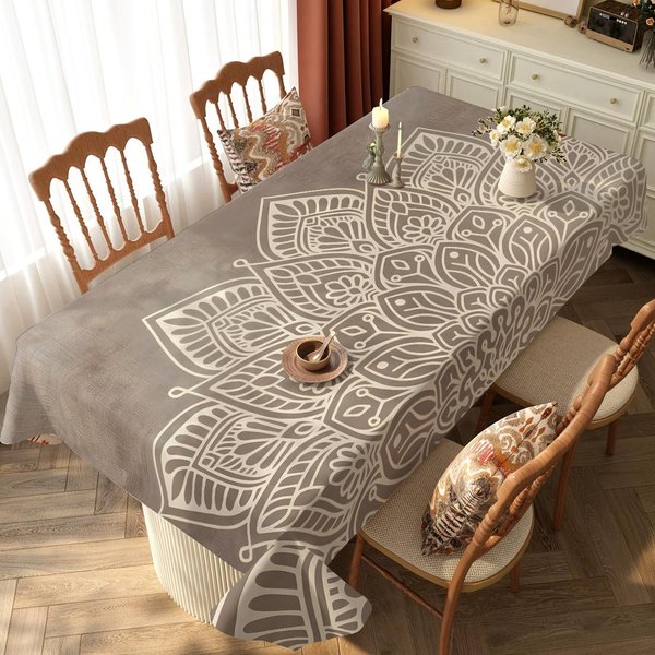 Bohemian Mandala Print Obrus Na Stół Wodoodporny ProstokąTny Wielokrotnego UżYtku Pokrowiec Na Stół JasnobrąZowy Drukowany Pokrowiec Na Stół Na Imprezę 140X140Cm-image