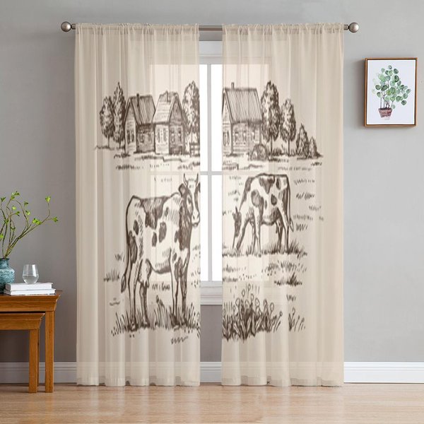 Cortinas TraslúCidas De Pueblo Y Paisaje Para Sala De Estar Tratamientos De Ventana De Tul Transparente Dormitorio Cocina DecoracióN Del Hogar Cortinas Tipo Velo 135W X 114H(Cm) White-image
