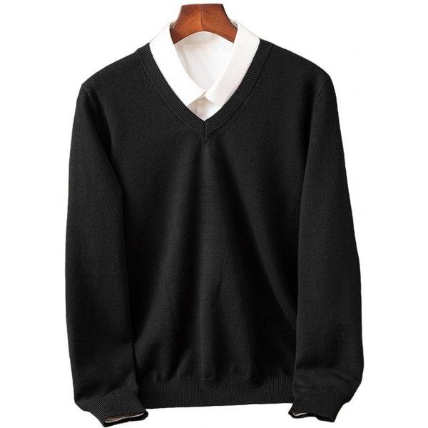MęSki Sweter Jesień Zima Fason DwuczęśCiowy Koszula Patchwork KołNierzyk Klapowy Dekolt V DłUgie RęKawy Elastyczny Jednolity Kolor Dopasowany CiepłY Dzianina M Czarny-image