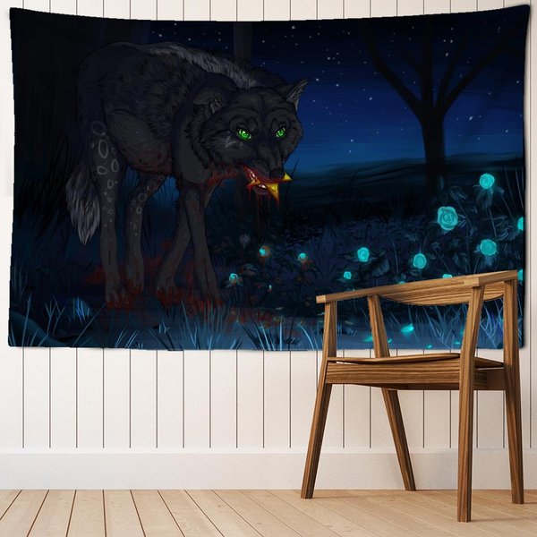 Tapiz Colgante De Pared Lobo Nocturno Misterioso Horror BrujeríA Animal Hippie Tapiz Arte Abstracto Dormitorio Hogar DecoracióN 95X70Cm Blue-image