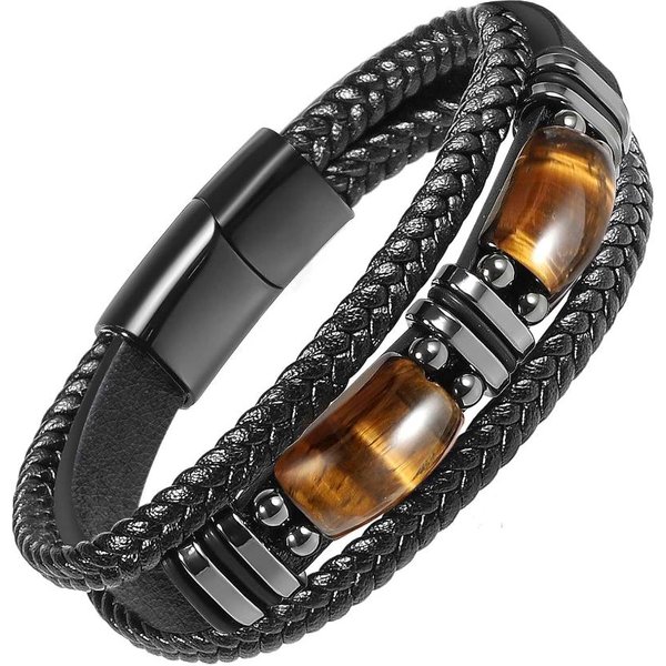 Bransoletka MęSka Z Czarnej SkóRy Tygrysie Oko Naturalny Kryształ Cyrkonu BiżUteria RęCznie Robiona Odwaga Ukojenie Stresu Bransoletka Ochronna 22.5Cm 9Inch-image