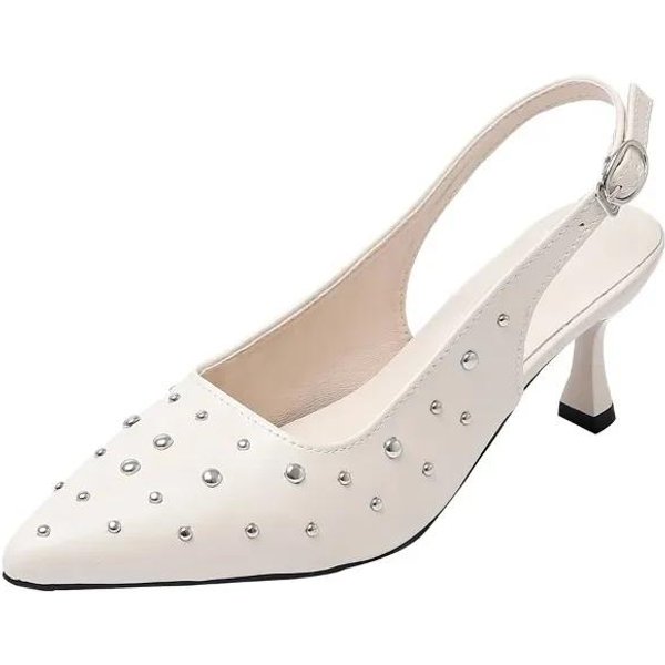 Zapatos De Mujer Nuevos Slingbacks Tacones Altos De Mujer Talla Grande Zapatos De Vestir Mujer Remache Puntera Puntiaguda Correa Con Hebilla Sandalias De TacóN Fino 42 De Blanco-image