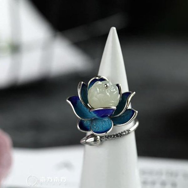 Anillo Abierto De Porcelana Con Esmalte De Jade Hetian Natural Y Dosel De Loto, Estilo Retro Chino, DiseñO Original. Resizable-image