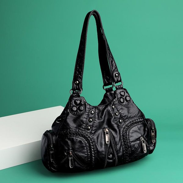 Bolso De Hombro Para Mujer Negro Vintage Punk Goth DiseñAdor De Moda Bolso Tote De Cuero Pu Gran Capacidad Remache Bolso De Mano De Motocicleta Blue-image