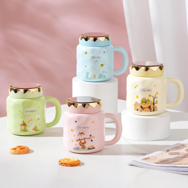 Taza Sellada Con Tapa Resistente A Altas Temperaturas Vaso De Agua PortáTil Taza DoméStica Regalo Recuerdo Taza De CeráMica Regalo Para Pareja 450ML-image
