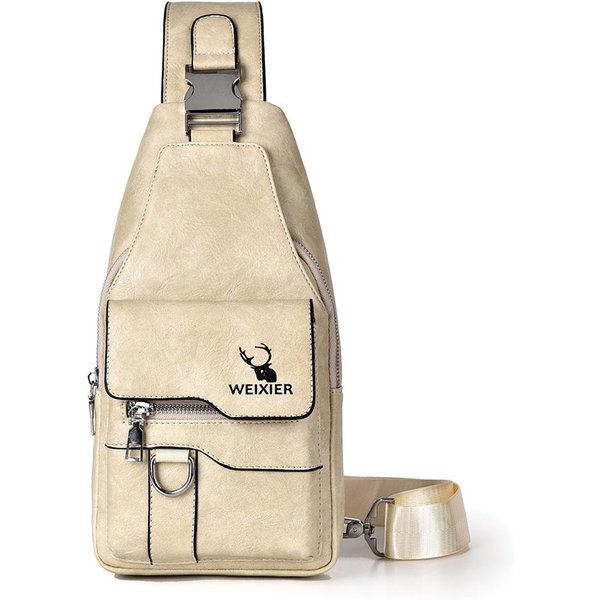 Bolso Bandolera Weixier Para Mujer Y Hombre, De Piel, Tipo Bandolera, Para El Pecho, Mochila De Viaje Beige-image