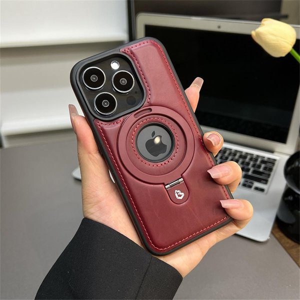 Luksusowy Magnetyczny Stojak Z PierśCieniem PU SkóRzany Pokrowiec Na Telefon Iphone 16 15 14 13 12 Pro Max Magsafe łAdowanie Bezprzewodowe Etui Z Pustym Logo For Iphone 16 Pro-image