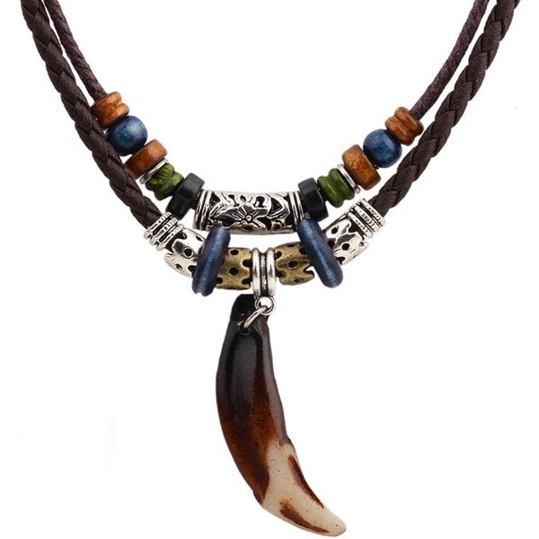 SkóRzany Plemienny Naszyjnik Dla Kobiet MężCzyzn Vintage Bohemian Styl Etniczne Drewniane Koraliki Choker Naszyjnik Z Zawieszką W KształCie ZęBa Psa BiżUteria 1 Black-image