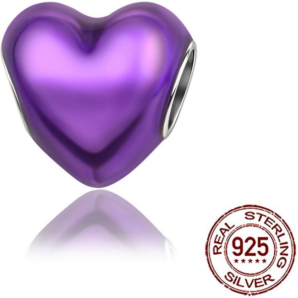 Nuevos Amuletos Plata 925 Brillo Colorido Forma De CorazóN Cuentas Charm Fit Pulsera Cadena Serpiente Collar JoyeríA DIY Para Mujer Purple-image