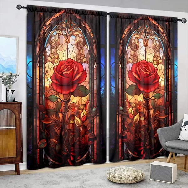 Cortina Con Paisaje De Rosas Y Vitrales En 3D De 2 Piezas: Agrega Un Toque RomáNtico A La DecoracióN De Tu Hogar 52.5Cmx116Cmx2Pcs-image