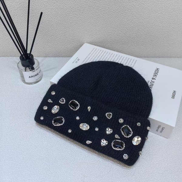 Sombrero De Lana De Conejo Con PedreríA Para Mujer En OtoñO E Invierno Blanco Sombrero De Punto Para Cabeza Grande Que Afina El Rostro Sombrero De Lana Del Noreste PequeñO Sombrero Para El FríO M(56-58Cm)-image