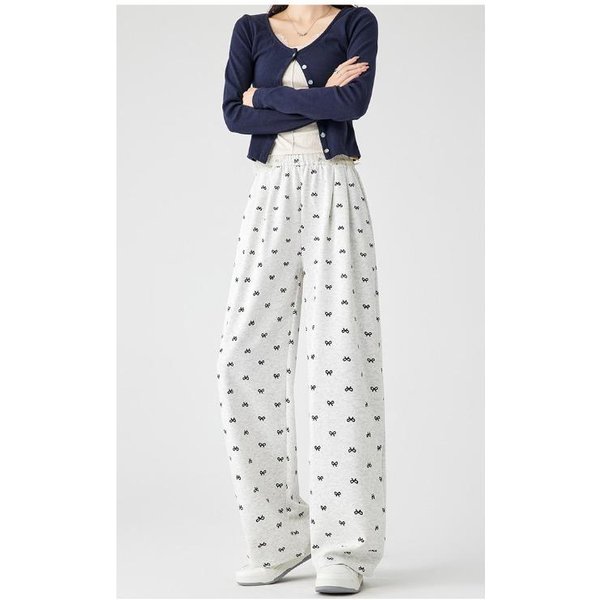 Pantalones De Pierna Ancha Con Estampado De Lazo Design-Sensory Pantalones Casuales Para Mujer OtoñO Pantalones Rectos De Cintura Alta Pantalones De Suelo XL White-image