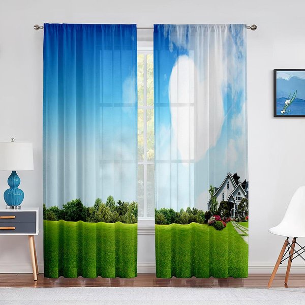 Escena De Cielo De MontañA Y RíO Sol Nubes Cortinas De Tul Para Cocina Dormitorio Ventana Sala De Estar Cortinas Voile TraslúCidas Cortinas De Organza 1 PCS W100Xh250Cm&Grommet Top-image