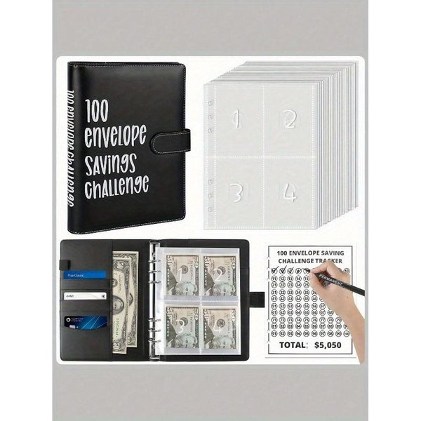 Libro De DesafíOs De Ahorro De Dinero Con Sobres, Carpeta De Ahorro De Dinero Para Ahorrar Efectivo, Kit De Carpeta DesafíO De 100 Sobres, Libro De Presupuesto A5 1 Set Negro-image