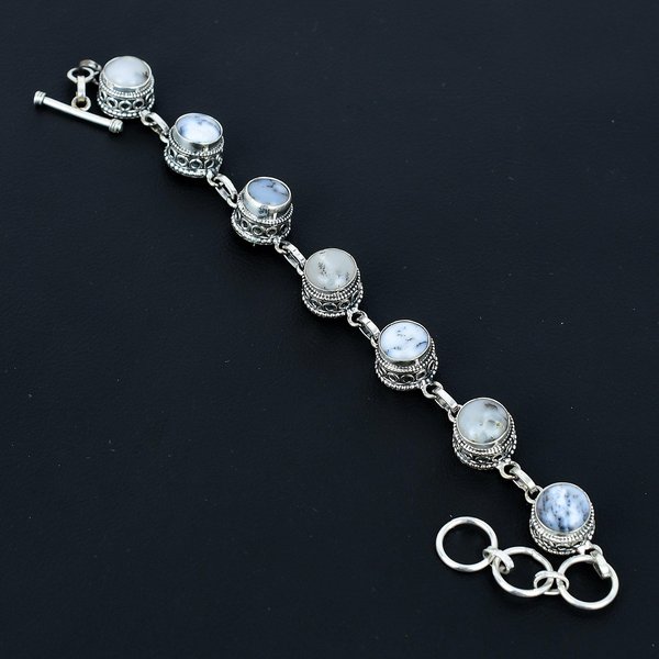 Naturalny Opal Dendrytowy Bransoletka Bransoletka Ze Srebra PróBy 925 Bransoletka Z Regulowanym ŁAńCuszkiem RęCznie Robiona Bransoletka Boho BiżUteria Z Kamieni Szlachetnych Prezenty ZaręCzynowe 8" BiałY-image