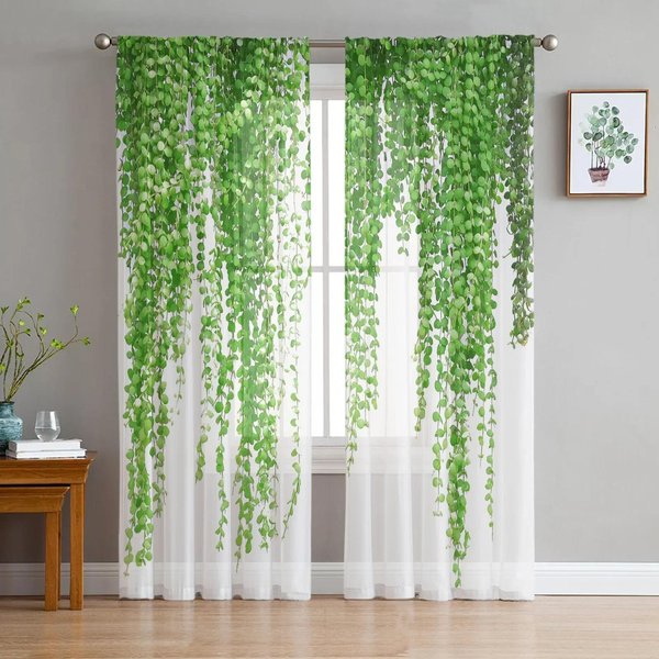 RośLina Zielone LiśCie Rattanowe BiałE Szyfonowe Przezroczyste ZasłOny Do Dekoracji Salonu Sypialni Okna Woale Tiulowe Draperie Kurtyna W135 X H115Cm X1&Grommet Top-image