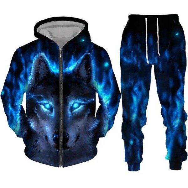Kolorowy Wilk 3D Print Dres Hiphopowy Sweter Bluzy Z Kapturem Na Zamek Garnitur MężCzyźNi Kobiety Kid Casual Bluza Z Kapturem Spodnie Zestaw Do Joggingu M Black-image