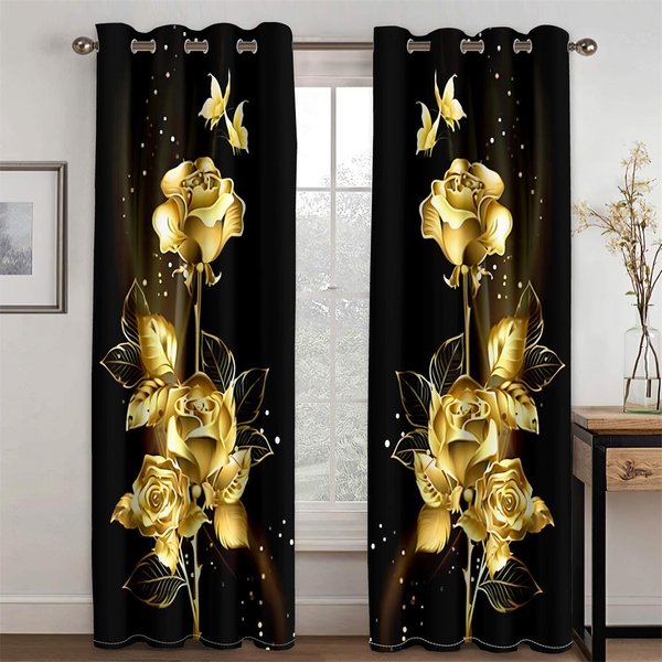 DecoracióN Moderna Para El Hogar Cortinas Con PatróN De Flor Rosa Dorada Y Mariposa 2 Paneles Lujo Sala De Estar Dormitorio Cocina BalcóN DecoracióN 50W130H(Cm)X2Pcs&Hook-image