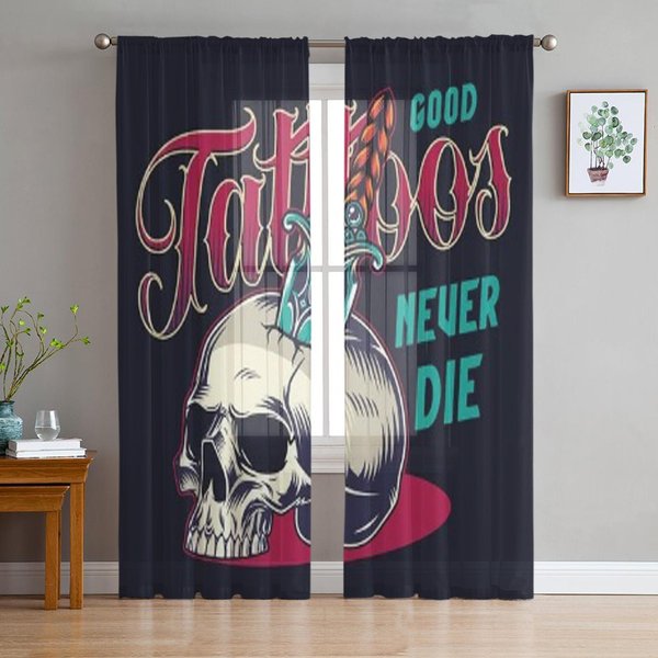 SalóN De Tatuajes Vintage Calavera Colorida Cortinas Transparentes De Gasa Para Sala De Estar Dormitorio DecoracióN Velos Para Ventana Cortina De Tul 135W X 114H(Cm) Gray-image
