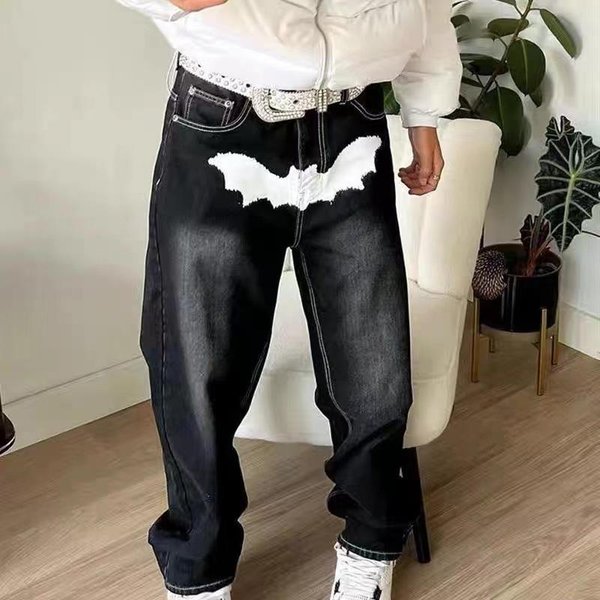 Drukowane Jeansy MęSkie Moda High Street LuźNe Proste Szerokie Nogawki XL Czarny-image