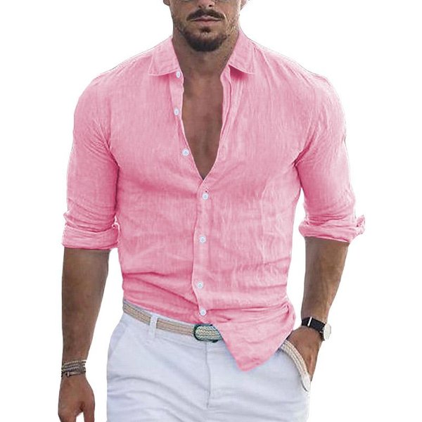 Camisas De Lino Y AlgodóN Para Hombre, Camisa De Playa Con Solapa Para Primavera Y Verano, Camisetas De Manga Larga Para Hombre, Ropa De Vacaciones Hawaiana De Color SóLido S-image