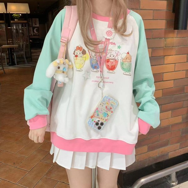 Y2K Harajuku Kawaii śLiczna Bluza Z Kapturem Damska JapońSka Moda Patchwork Nadruk KreskóWkowy Projekt Bluza Styl Preppy Kobieta Nowy XXL Gray-image