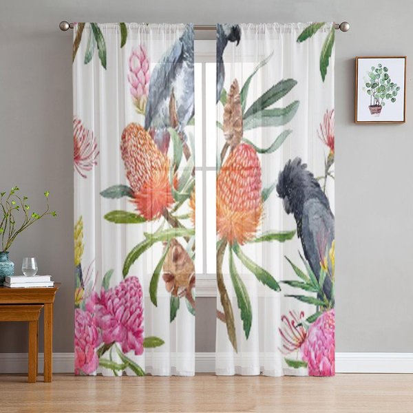 Cortinas TraslúCidas De Acuarela Flor Tropical Para Sala De Estar Cortina De Ventana De Tul Transparente DecoracióN Para Dormitorio Cocina Velos 135W X 114H(Cm) White-image