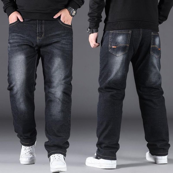 Jeans Holgados De Talla Grande Para Hombre Jeans De Mezclilla Pantalones Rectos CáLidos Cintura Alta EláSticos Pantalones Azules Ropa Para Hombre 34 Gray-image