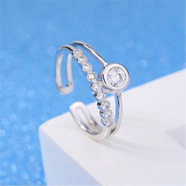 Anillo CláSico Para Mujer De Doble Capa Con Circonita AAA Redonda Incrustada Estilo Abierto Ajustable JoyeríA De Moda Para Damas R0194 Resizable Gray-image