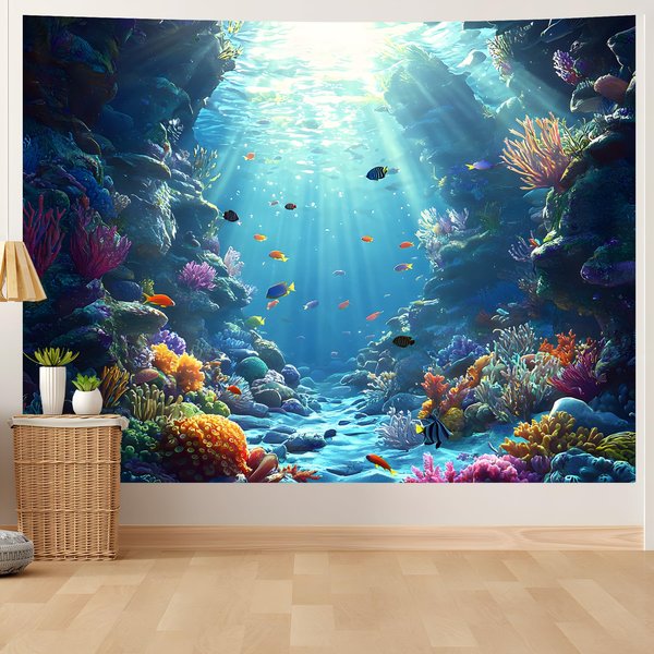 Tapiz Del Mundo Submarino - OcéAno Azul Y Peces Tropicales De Acuario DecoracióN De Pared - Colgante De Pared De Peces De Aguas Profundas Para Dormitorio, 320X180Cm-image