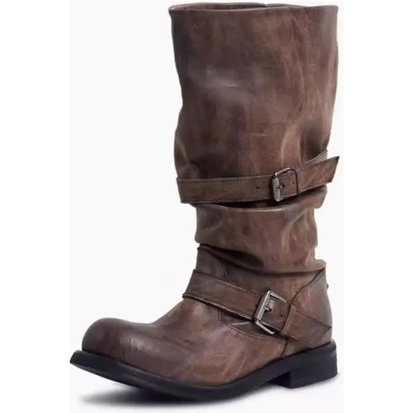 Buty Motocyklowe Damskie W Stylu Vintage Na Platformie Z Klamrą, Stylowe, Z Kwadratowym Noskiem, Na Grubym Wysokim Obcasie, Do PołOwy łYdki, Retro, Motocyklowe 38 Black-image