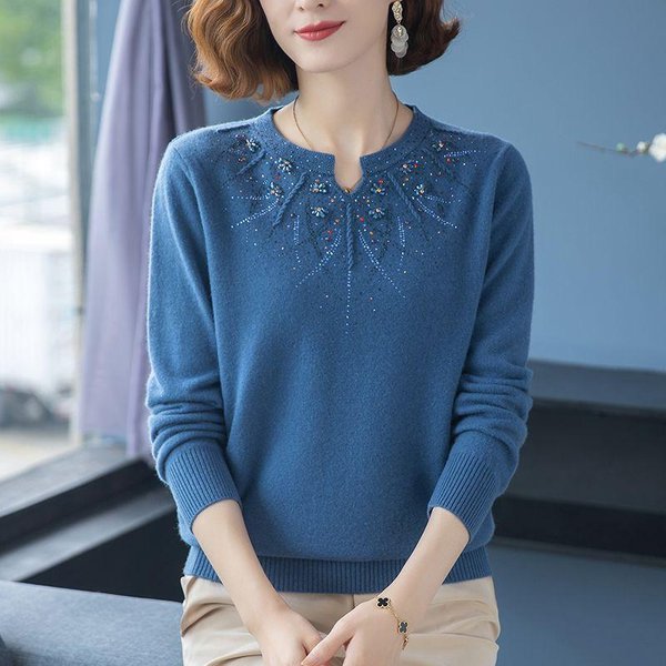 Sweter Z Dzianiny Kaszmirowej Haftowany Diamentami, LuźNy, Oversize'owy Sweter Damski Xl-image