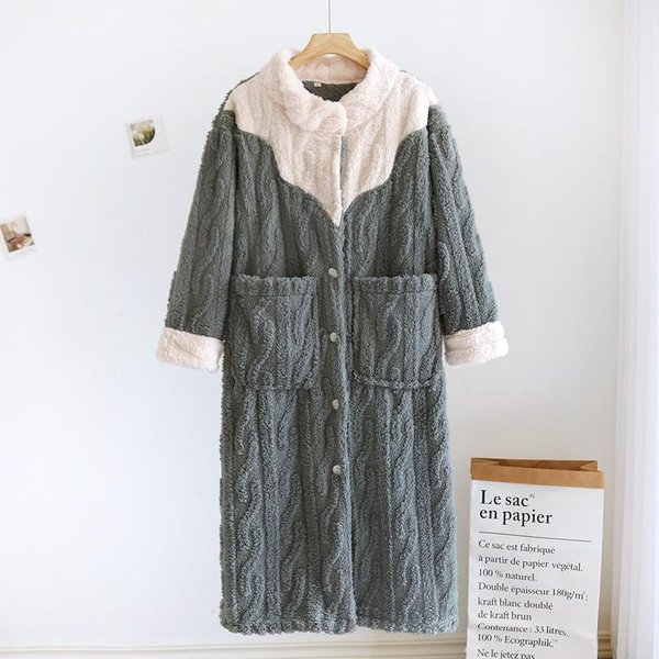 OtoñO/Invierno Nuevo CamisóN De Forro Polar Coral Para Mujer CamisóN Grueso De Felpa Albornoz Largo De Franela Bata Para Casa De SeñOra M Verde-image