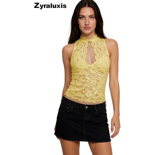 Estilo Tirantes Escote En V Profundo Body De Encaje Y Malla Camisola Sexy Hueco VersáTil Espalda Descubierta Top L Amarillo-image