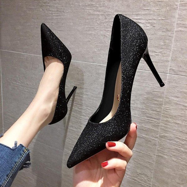 Buty Damskie Wsuwane Damskie Wysoki Obcas Moda Imprezowe CzółEnka Kobiety BłYszcząCe Szpiczasty Nosek Cienkie Obcasy PłYtkie Buty Damskie Plus Size 37-image