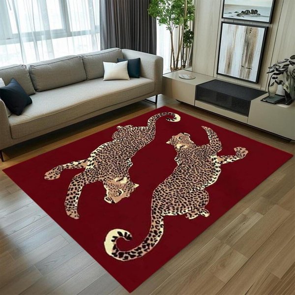 Bordowy Czerwony TłO PodwóJny WzóR Lamparta Dywanik Obszarowy, Luksusowa AntypośLizgowa Mata PodłOgowa Do Salonu Sypialni Wystroju Domku Wiejskiego 50X80Cm-Felt-image
