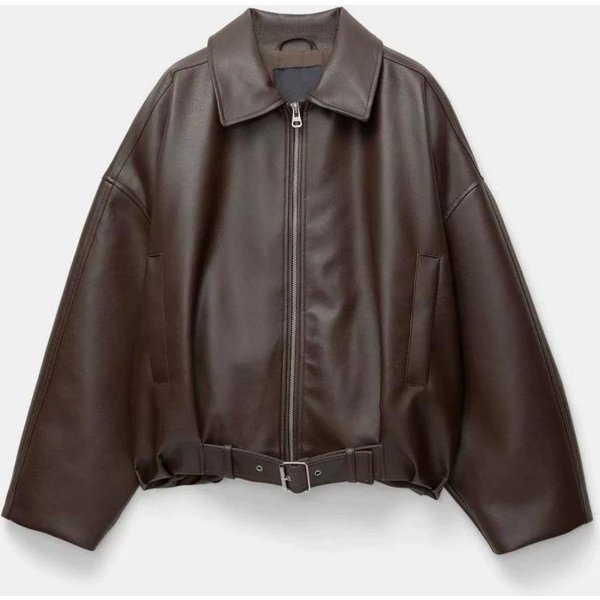 Ailegogo Nowa Wiosna Jesień Damska Streetwear Retro LuźNa Kurtka Ze Sztucznej SkóRy Moto Biker Damska Vintage Pasek Zamek PłAszcz Okrycie Wierzchnie M Czekoladowy Kolor BrąZowy-image