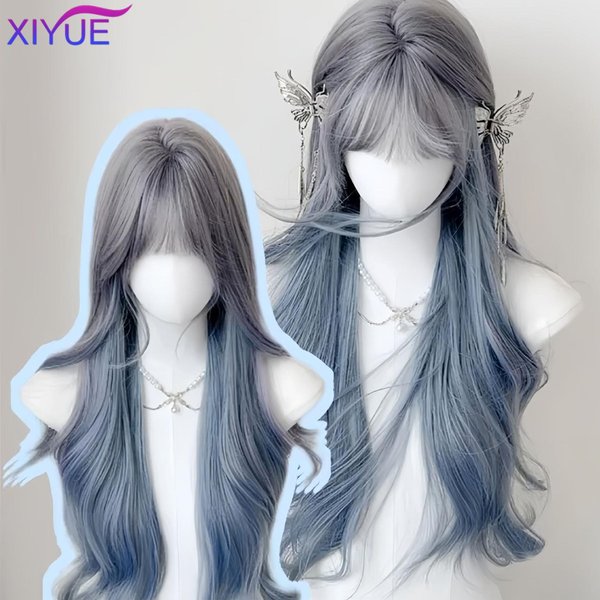 Xiyue Pelucas SintéTicas Largas Rectas Azules Con Reflejos Grises Con Flequillo Cabello Para Cosplay Para Mujeres Diario Natural Resistente Al Calor Gray-image