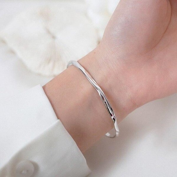 Pulsera Abierta Irregular De Plata De Ley 925 Para Mujeres Hombres Pulsera De Alto Pulido JoyeríA Ajustable Beige-image