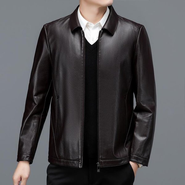 Chaqueta De Cuero Con Solapa Para Hombre De Mediana Edad Y Talla Grande, Ropa Informal Para Papá, Abrigo Holgado De Largo Medio, Chaqueta De Cuero De Piel De Oveja 5XL-image